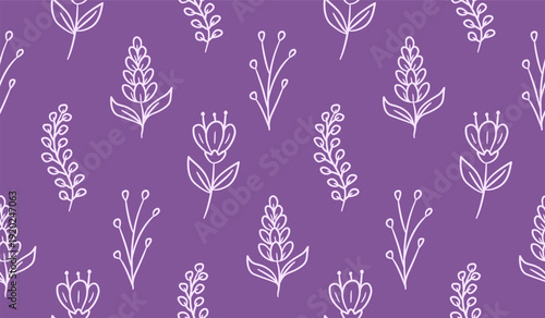 Cute lavender flower doodle background. Spring floral pattern background. Lilac flower and leaves seamless pattern for textile. Hand drawn lavender flower and leaf line art illustration.