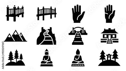 Collection of black and white icons representing landmarks and nature scenes