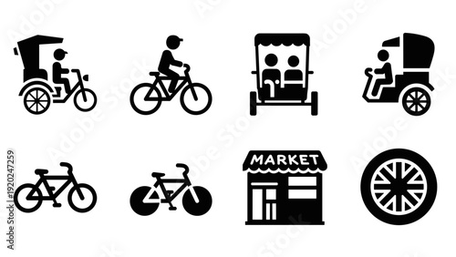 Collection of black icons representing transportation and commerce on a white background