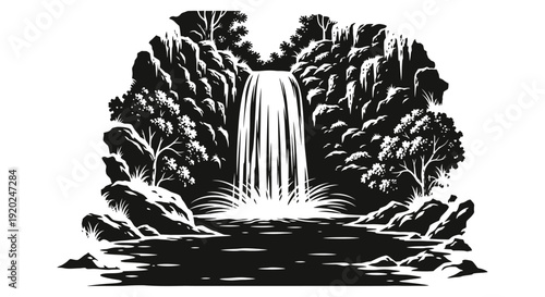 Monochrome vector illustration of a powerful waterfall cascading into a serene river, surrounded by lush forest trees and rocks