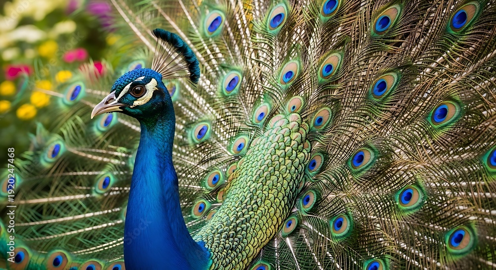 Obraz premium Peacock displays its vibrant iridescent blue and green tail feathers in a bright, colorful garden setting.