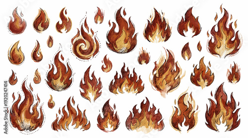 Hand-Drawn Fire and Flame Vector – Cartoon-Style Red and Orange Flames, Swirls, and Drops for Hot Design Elements, Stickers, and Creative Art Projects