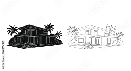 Black and white architectural rendering of a modern tropical villa with palm trees