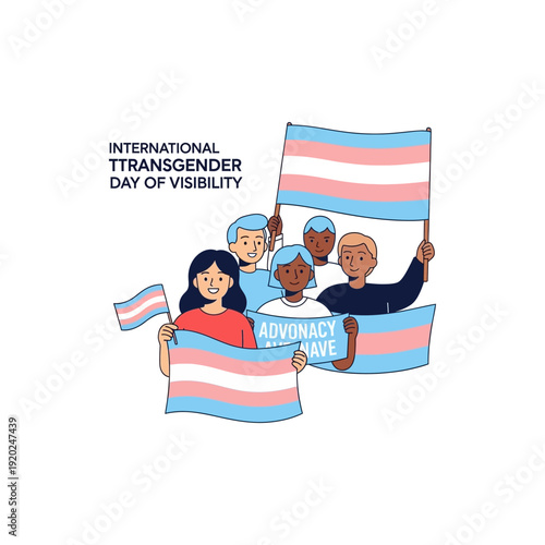 Illustration of people holding transgender pride flags and banners celebrating International Transgender Day of Visibility.