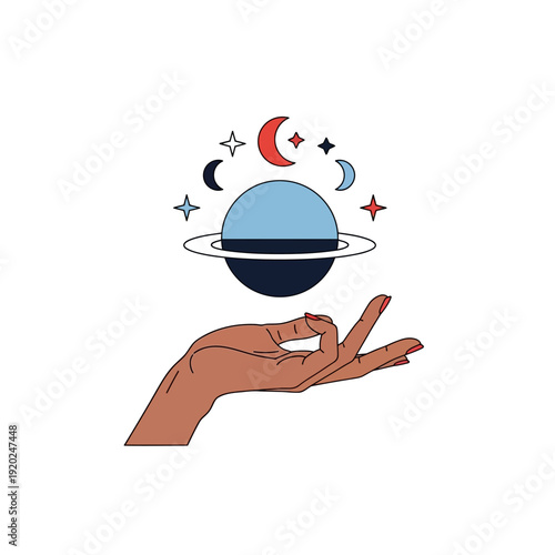 A stylized illustration of a hand holding a celestial body with stars and moons surrounding it.