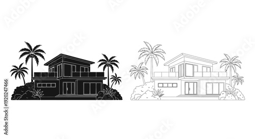 Two contrasting depictions of a modern tropical villa with palm trees
