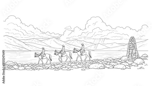 Three people on horseback ride along a rocky shore with mountains and clouds in the background