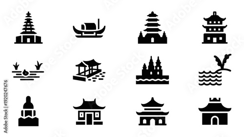 Collection of Asian architectural landmarks and cultural symbols in a clean icon set