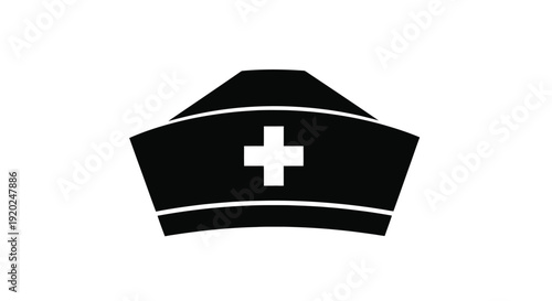 A simple black silhouette of a traditional nurse s cap with a white cross