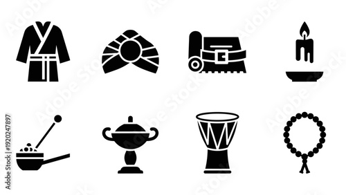 Collection of cultural and spiritual icons including a robe, turban, prayer mat, candle, and drum