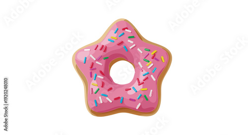 Delicious star-shaped donut with bright pink frosting and a generous scattering of colorful sprinkles, a whimsical and sweet treat, perfect for celebrations and joy.