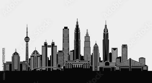Modern city skyline silhouette illustration in black and white, featuring a metropolis with tall buildings and urban architecture.