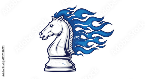 A detailed illustration of a chess knight piece with a vibrant blue fiery mane, symbolizing power, speed, and strategic thinking in a game of chess.
