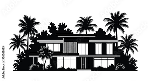 Modern house silhouette with palm trees a tropical architectural design