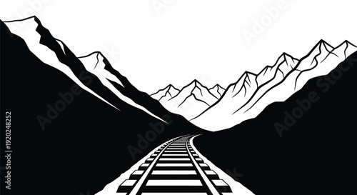 A stark black and white illustration of a railway track through mountains