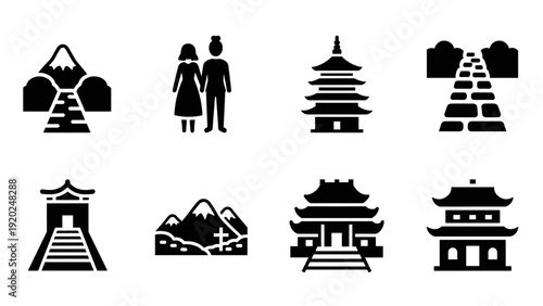 Collection of black icons representing Asian landmarks and cultural symbols