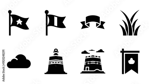 Collection of eight black vector icons representing flags, banners, grass, clouds, and towers
