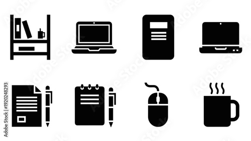 Collection of office and study icons including laptop, bookshelf, notebook, and coffee mug