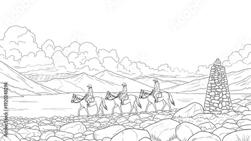Three people on horseback ride along a rocky shore with mountains and a lake in the background