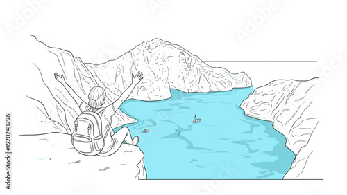 Woman with backpack sitting on cliff edge overlooking ocean bay with sailboats