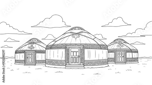 Three traditional yurts standing on a grassy plain under a cloudy sky