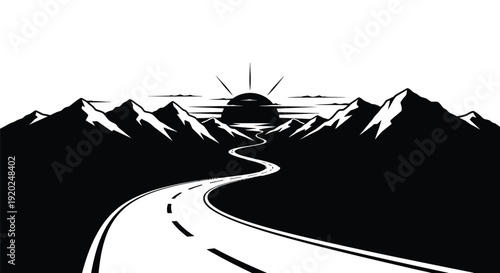 A winding road leads toward distant mountains under a radiant sun