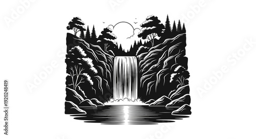 Stylized black and white illustration featuring a majestic waterfall cascading into a serene lake, surrounded by lush forest, rocks, and cliffs under a sun.