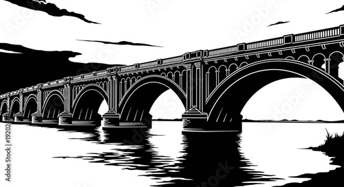 High contrast black and white graphic illustration of a vintage arched bridge spanning a wide river with dramatic reflections.