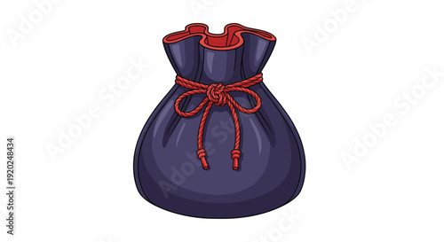 A charming vector illustration of a dark blue money pouch or drawstring bag, securely tied with a vibrant red rope, symbolizing wealth and savings.