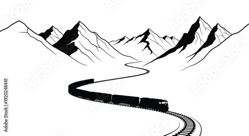 A winding railway track travels through a stark mountain landscape