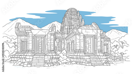 Ancient stone temple ruins with mountains and sky in the background, line art illustration