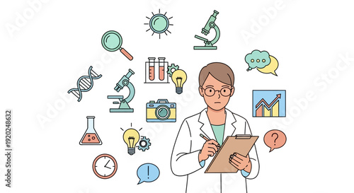 Scientist Examining Data and Research Symbols.