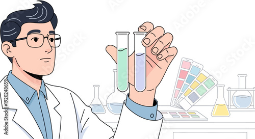 Scientist holding test tubes with colored liquids.