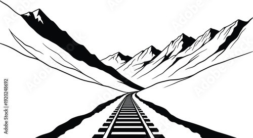 A winding railway track leads towards distant silhouetted mountains