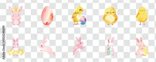 Cute Watercolor Easter Clipart Adorable Bunnies, Chicks and Pastel Eggs Collection for Spring Holiday Designs