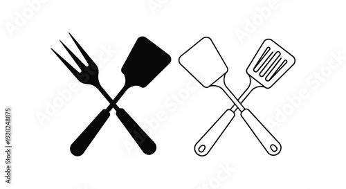 Black and white illustration of grilling tools a fork spatula and turner
