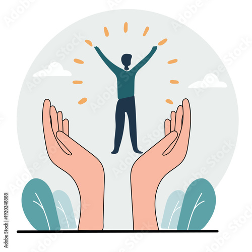 Supportive hands uplifting confident person celebrating growth and success vector