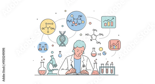Scientist Working with Laboratory Equipment and Icons.