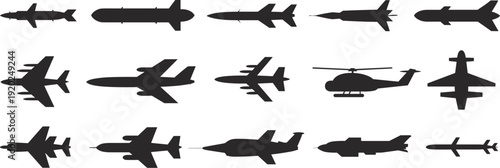Airplane and helicopter silhouettes collection vector illustration, military and passenger aircraft isolated on white background for aviation design