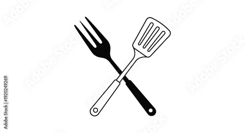 Black and white illustration of a fork and spatula crossed together