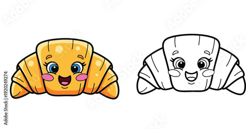 Cute Kawaii Croissant Cartoon Character Colored and Outline Vector Coloring Page for Kids
