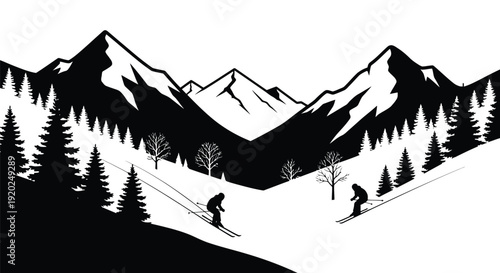 Black and white illustration of skiers descending a snowy mountain landscape
