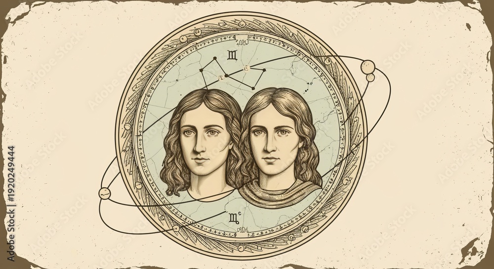 Obraz premium Mystical Twins Design Featuring Vintage Medallion and Celestial Elements for Gemini Zodiac Sign