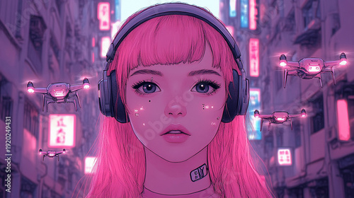 Anime style girl with pink hair and VR goggles in a vibrant neon-lit futuristic urban city with flying drones