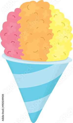 Illustration with colorful shaved ice snow cone. Summer frozen dessert isolated on white background
