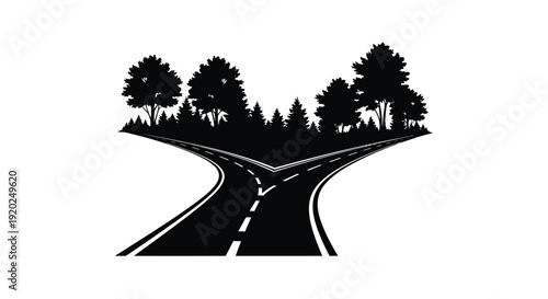 A black and white illustration depicts a forked road through trees