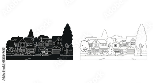 A black and white illustration of suburban houses and trees