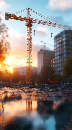 Urban construction cranes building project with dramatic sky photo