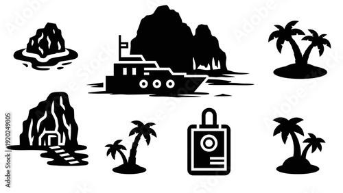 Tropical island vacation icons including a yacht, palm trees, and a cave entrance