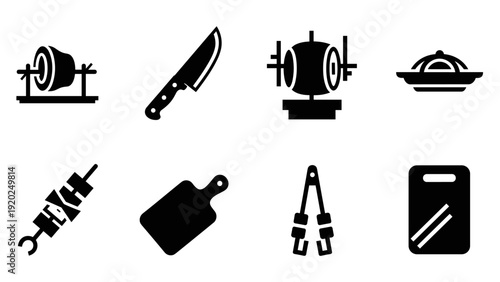 Collection of cooking and grilling icons representing kitchen tools and food preparation